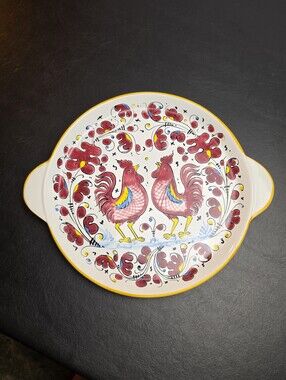 Deruta Italy Red Rooster 12" Cake Plate Platter with Handles Hand Painted